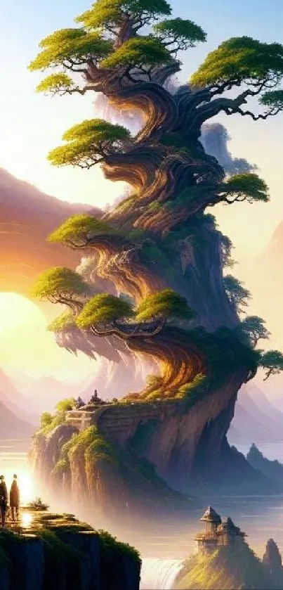 Mystical tree against sunset, creating an inspiring landscape wallpaper.