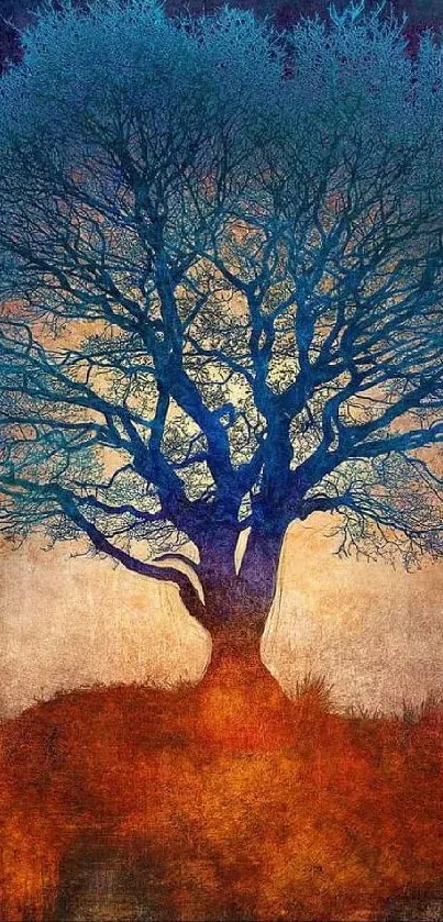 Mystical blue tree art on vibrant textured background.