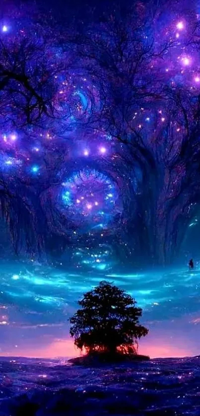 Mystical tree under a cosmic purple sky with vibrant blue hues.