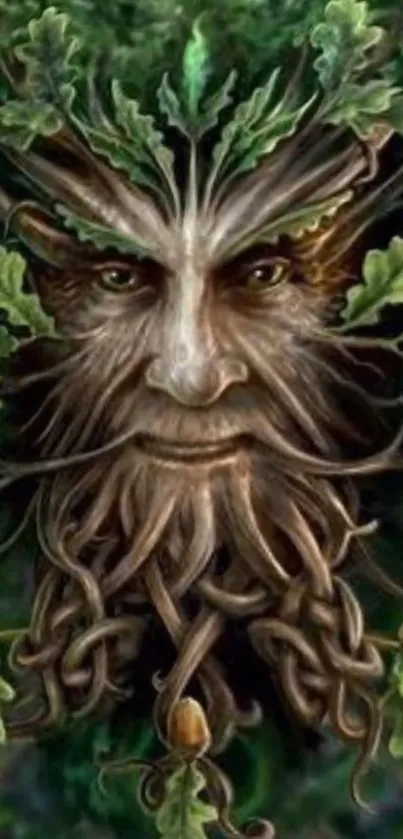 Mystical tree spirit face art with green leaves.