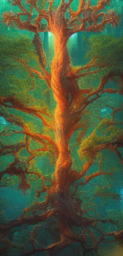 Mystical tree in vibrant colors set in a fantasy forest landscape.