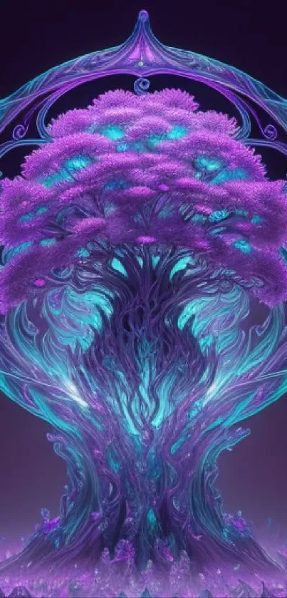 Vibrant fantasy tree wallpaper in purple and teal with mystical design.