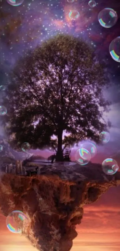 Mystical floating island with cosmic tree and bubbles.