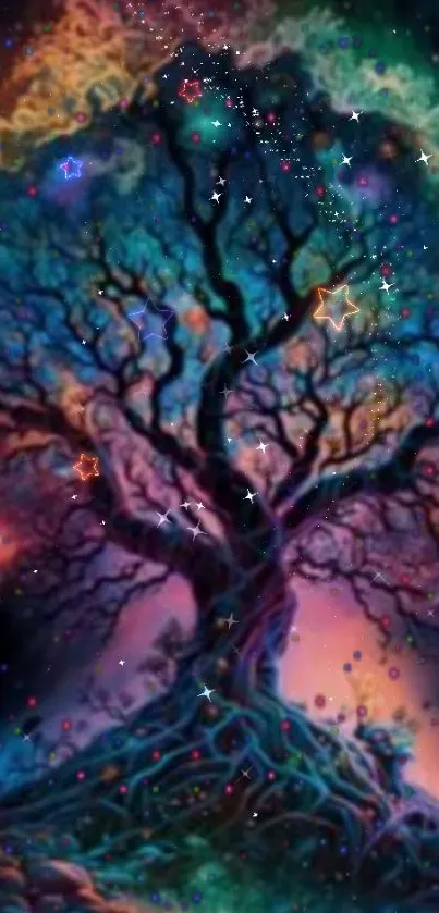 Mystical tree with vibrant starry galaxy backdrop, perfect wallpaper.