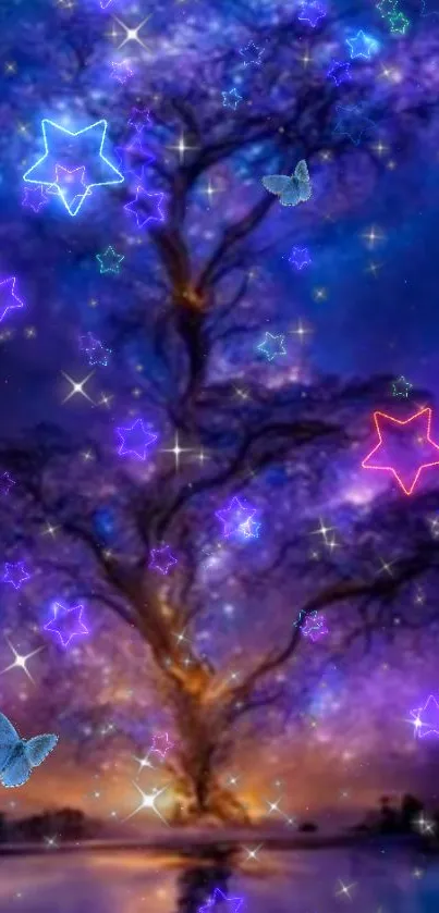 Mystical tree with neon stars under galaxy sky wallpaper.