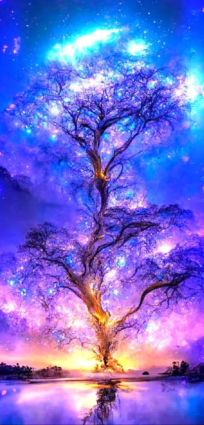 Mystical tree with galaxy background and vibrant purple hues.