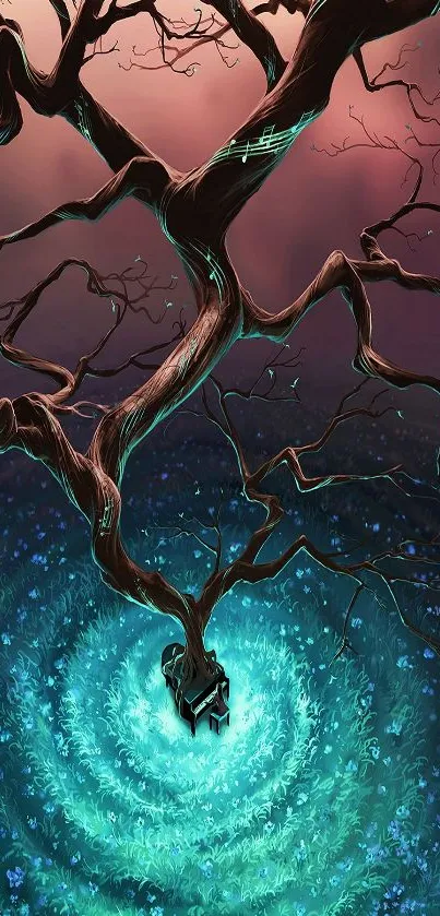 A mystical tree glowing with teal light in an abstract landscape.