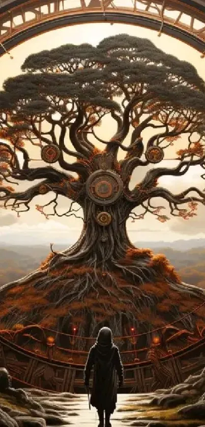 Mystical tree with cosmic portal and autumn colors.