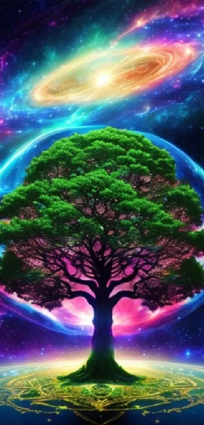 Mystical tree against a vibrant cosmic background, featuring stars and galaxies.