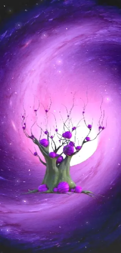 Mystical tree in purple cosmic vortex, mobile wallpaper.