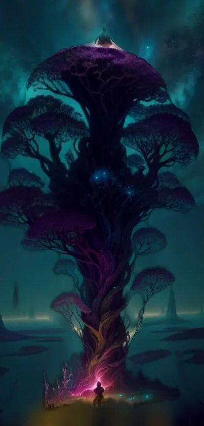 Mystical tree with vivid colors in a dreamy nightscape fantasy wallpaper.