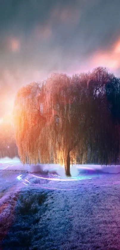 Mystical tree under glow of vibrant sunset with pastel skies.
