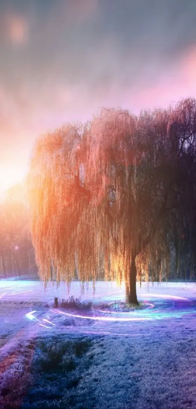 Mystical willow tree under vibrant sunrise glow, creating a serene and dreamy landscape.