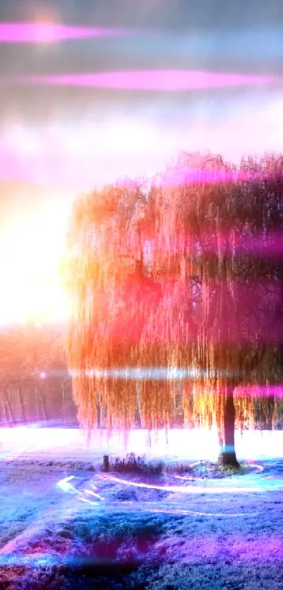Magical tree glowing in serene twilight hues in a mystical landscape.