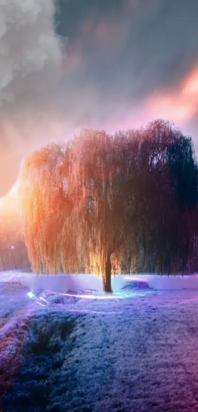 Mystical tree in vibrant, dreamlike landscape.