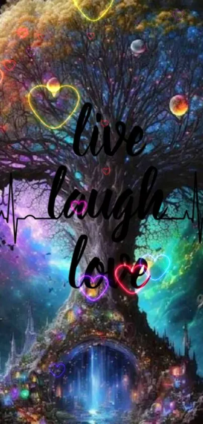 Mystical tree with colorful hearts and "Live Laugh Love" text on a mobile wallpaper.