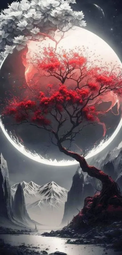 Mystical tree with red and white leaves against a dark, celestial background.