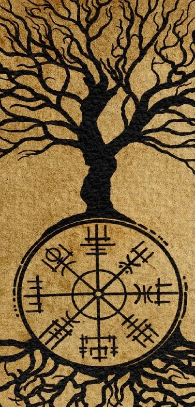 Mystical tree with runes on vintage style wallpaper.