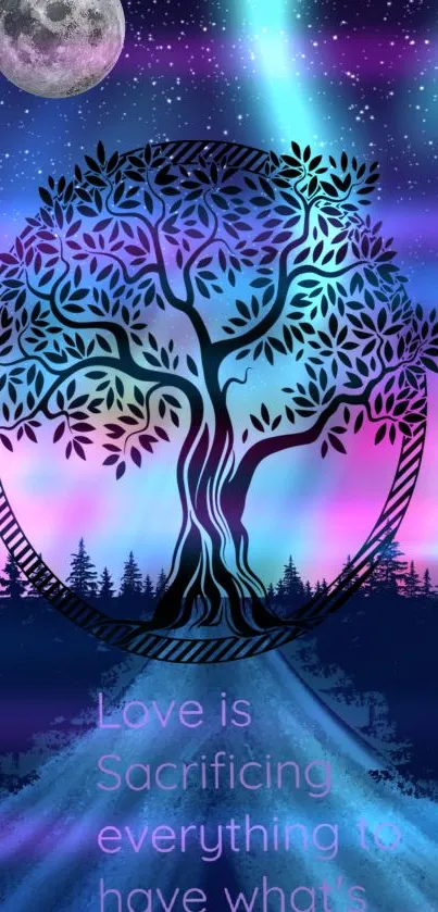 Mystical tree with colorful night sky background wallpaper.