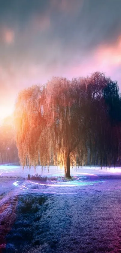 Mystical tree in vibrant night setting with glowing sky.