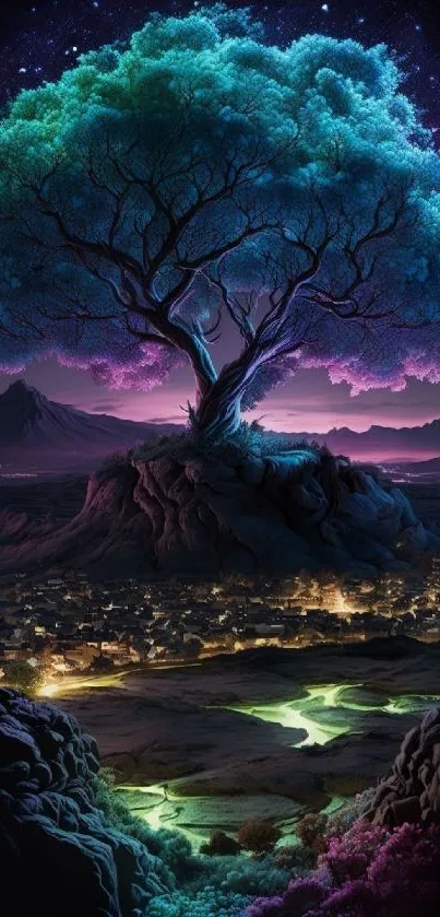 Beautiful mystical tree under a starry night sky in mobile wallpaper.