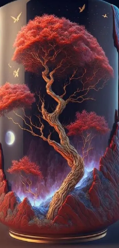 Enchanting digital art of a red tree under a starry sky.