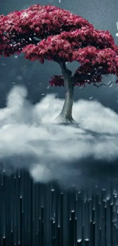 Mystical tree with pink leaves on floating cloud.