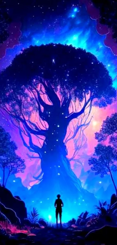 Mystical blue tree against a cosmic night sky, glowing with vibrant colors.