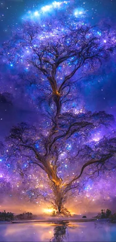 Mystical tree with starry sky in purple hues.