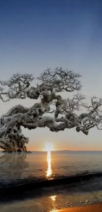 Unique tree reflected in water during sunset, creating a mystical and serene scene.