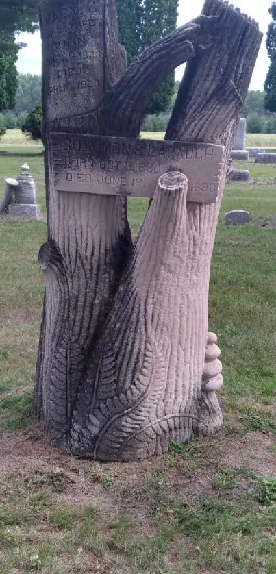 Carved tree trunk sculpture in a peaceful graveyard.