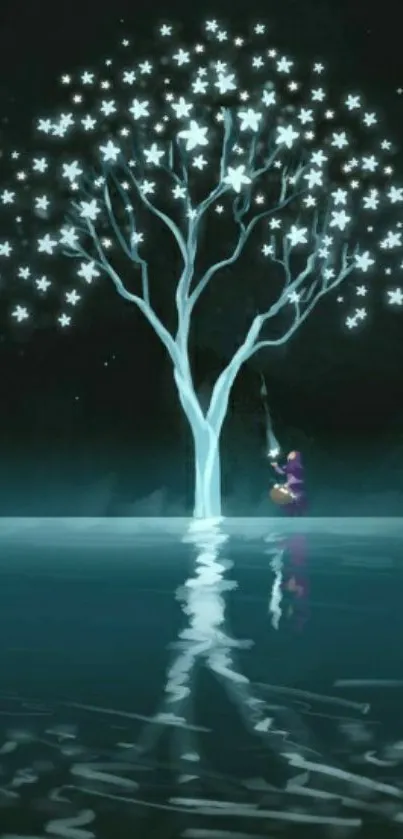 Mystical tree reflecting on water at night.