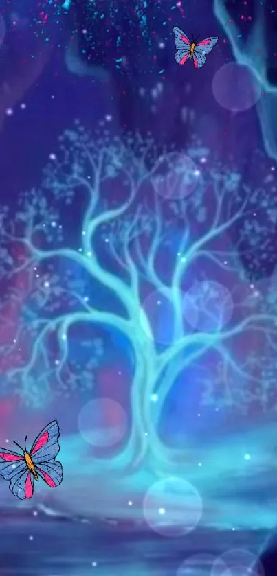 Mystical tree with butterflies and glowing lights in a fantasy setting.