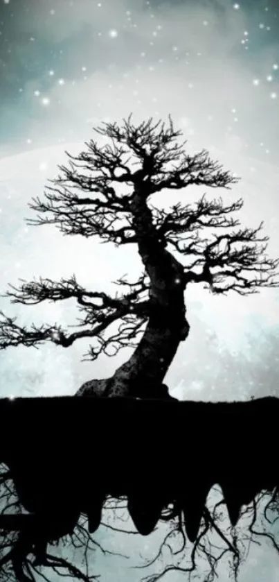 Mystical tree silhouette against a starry, moonlit sky wallpaper.