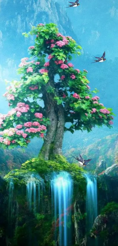 Fantasy wallpaper with tree and waterfall on a floating rock.