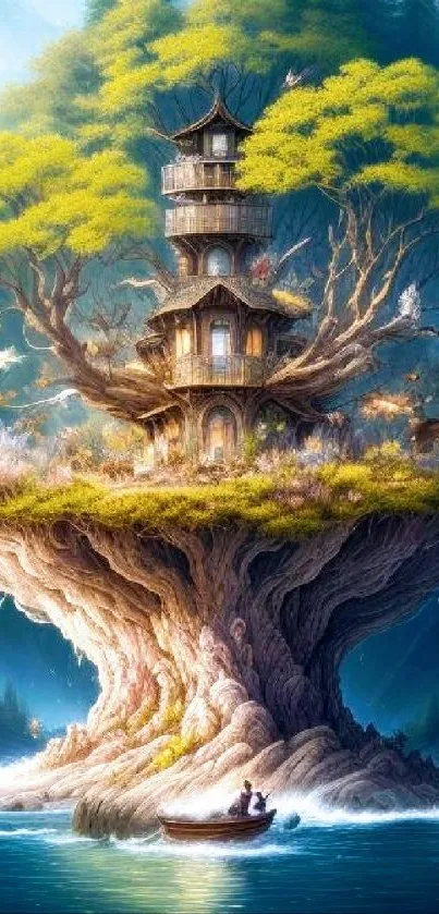 Fantasy treehouse floating over water in a mystical, vibrant setting.