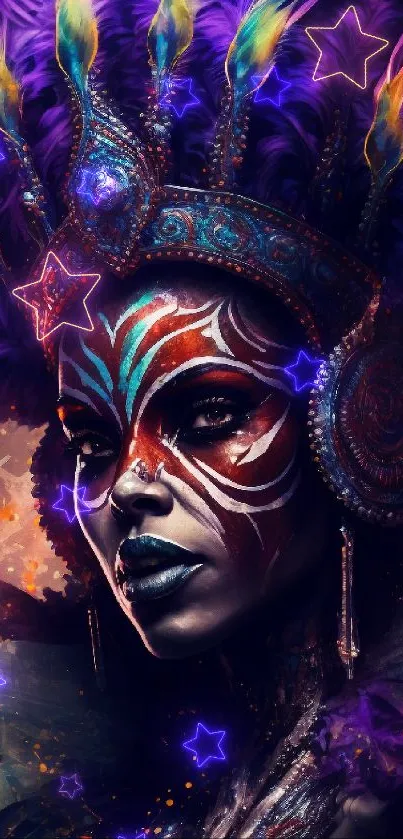 Mystical tribal figure with vibrant feathers and artistic face paint.