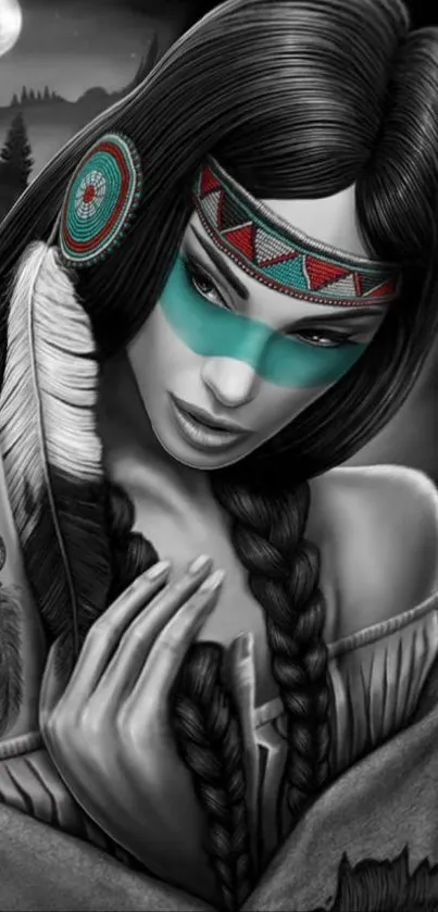 Mystical tribal woman with feathers and dreamcatcher tattoo.