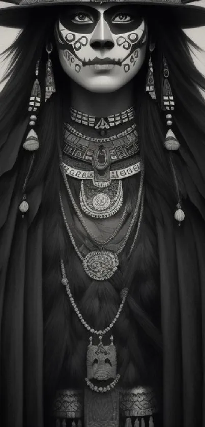 Mystical tribal art portrait wallpaper in monochrome with cultural jewelry.