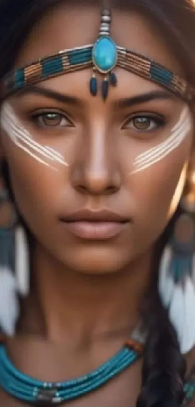 Tribal beauty mobile wallpaper with turquoise and earthy elements.