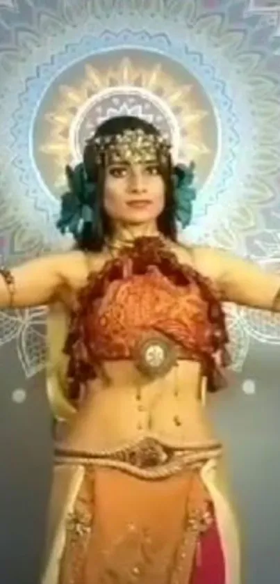 A tribal dancer posing in front of a colorful mandala background.