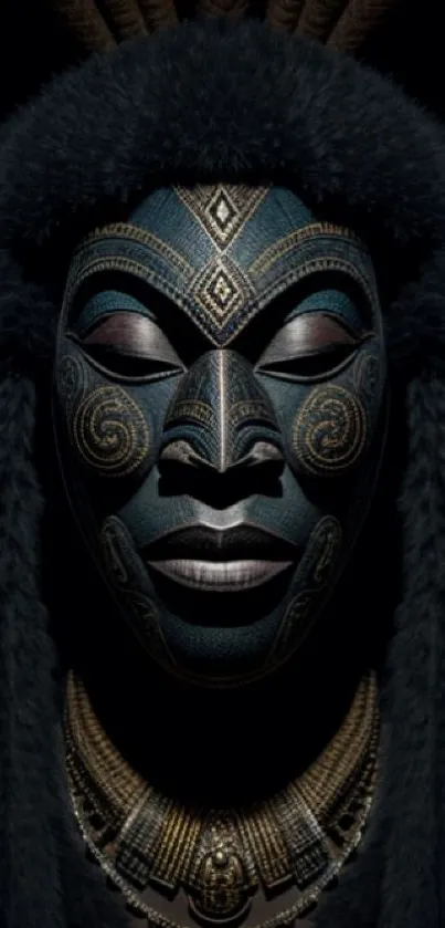 Intricate tribal mask art with dark blue patterns and cultural motifs.