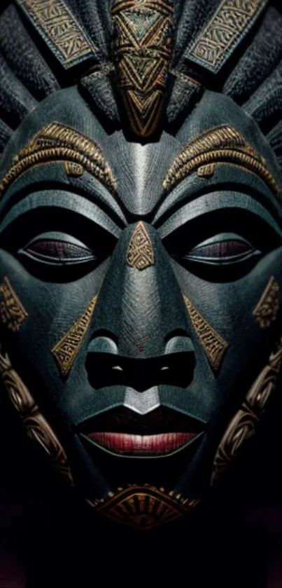 Intricate tribal mask wallpaper with rich details and dark background.