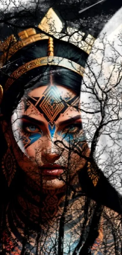 Mystical tribal portrait with intricate tattoos and golden elements.