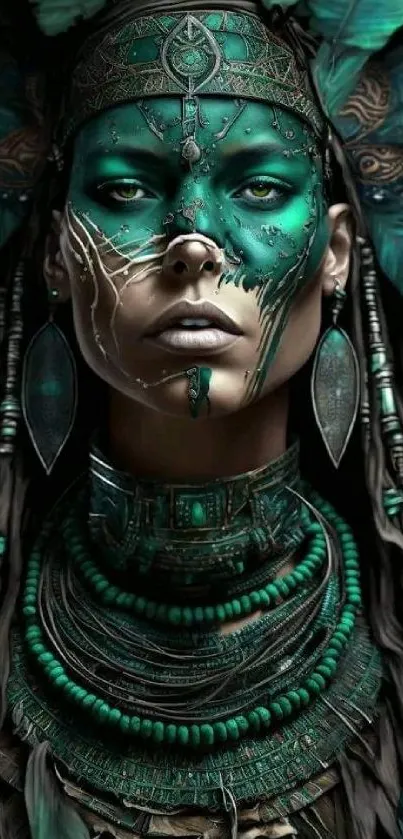 Intricate mystical tribal warrior art with green and teal accents.