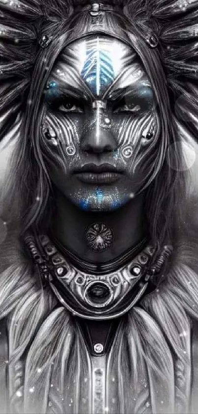 Mystical tribal warrior with blue accents in grayscale art.