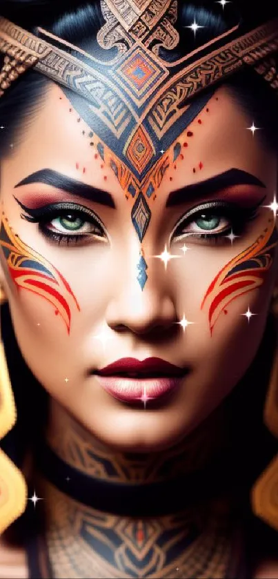 Tribal-inspired digital art of a mystical woman with intricate patterns.