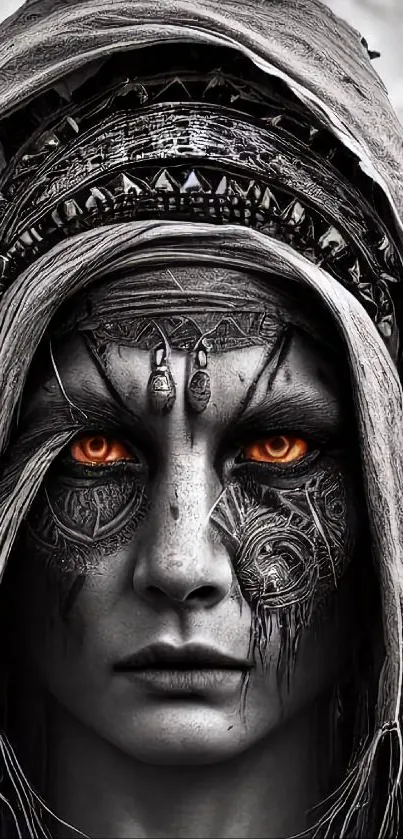 Mystical tribal woman with orange eyes and intricate face art in grayscale.