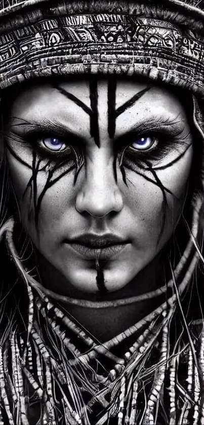 Mystical tribal woman with blue eyes, intricate patterns, and dark theme.