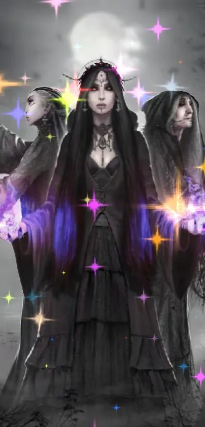 Mystical trio in dark cloaks with colorful sparkles on mobile wallpaper.